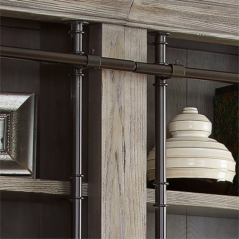 Pemberly Row 8' Tall Bookcase Wall With Ladder Storage Organizer Display in Gray