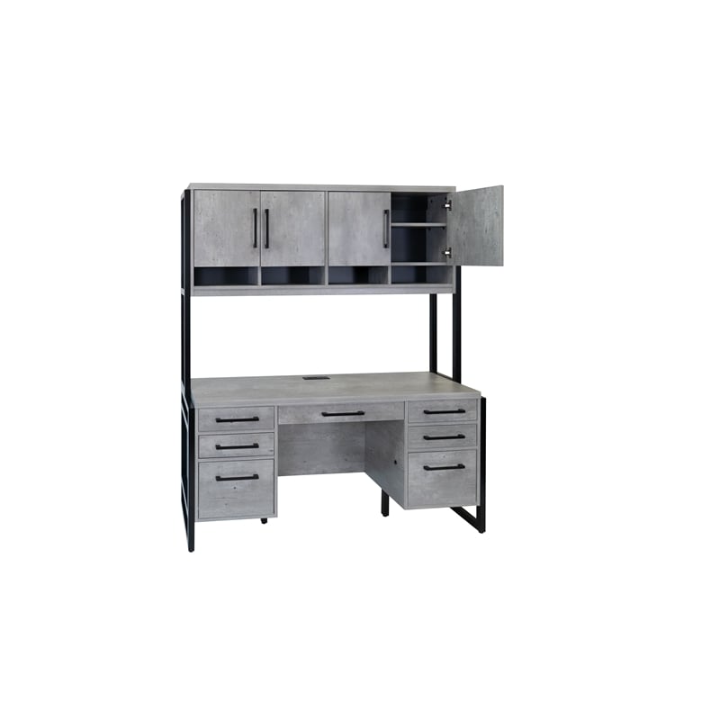 Pemberly Row Wood Laminate Hutch Office Storage Fully Assembled in Gray