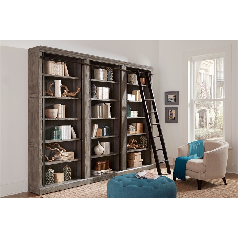 Pemberly Row 8' Gray Tall Wood Bookcase Wall With Ladder Aged Office Bookcases
