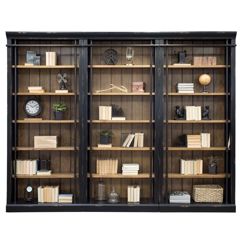 Pemberly Row 8' Black Tall Wood Bookcase Wall With Ladder Aged Office Bookcases