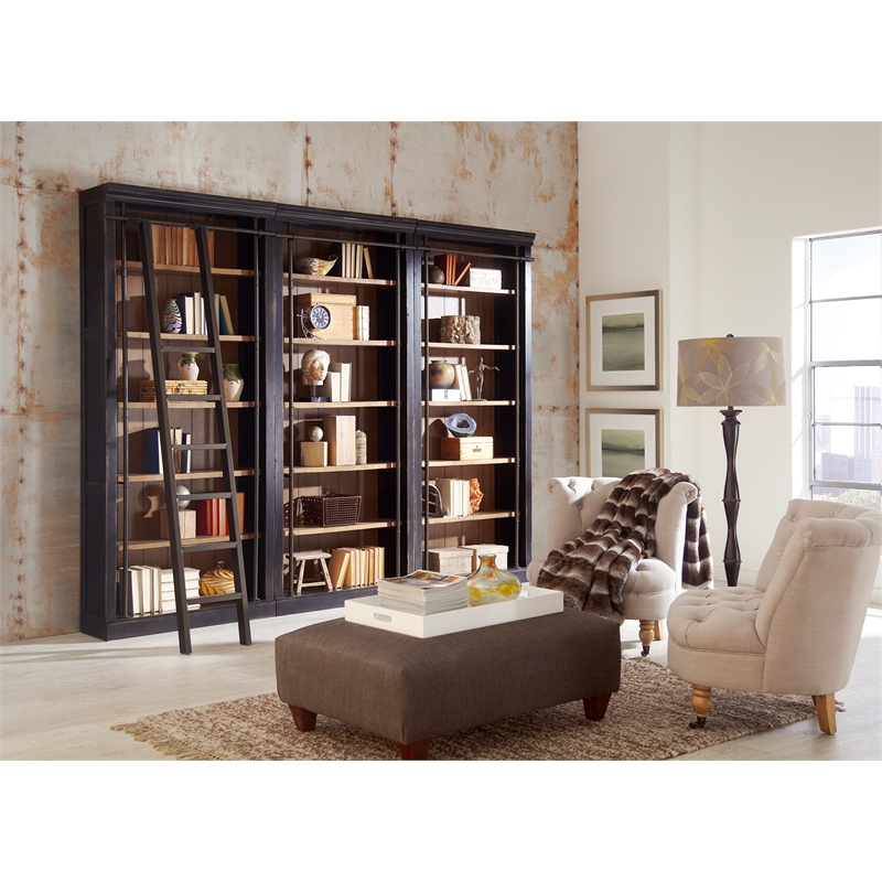 Pemberly Row 8' Black Tall Wood Bookcase Wall With Ladder Aged Office Bookcases