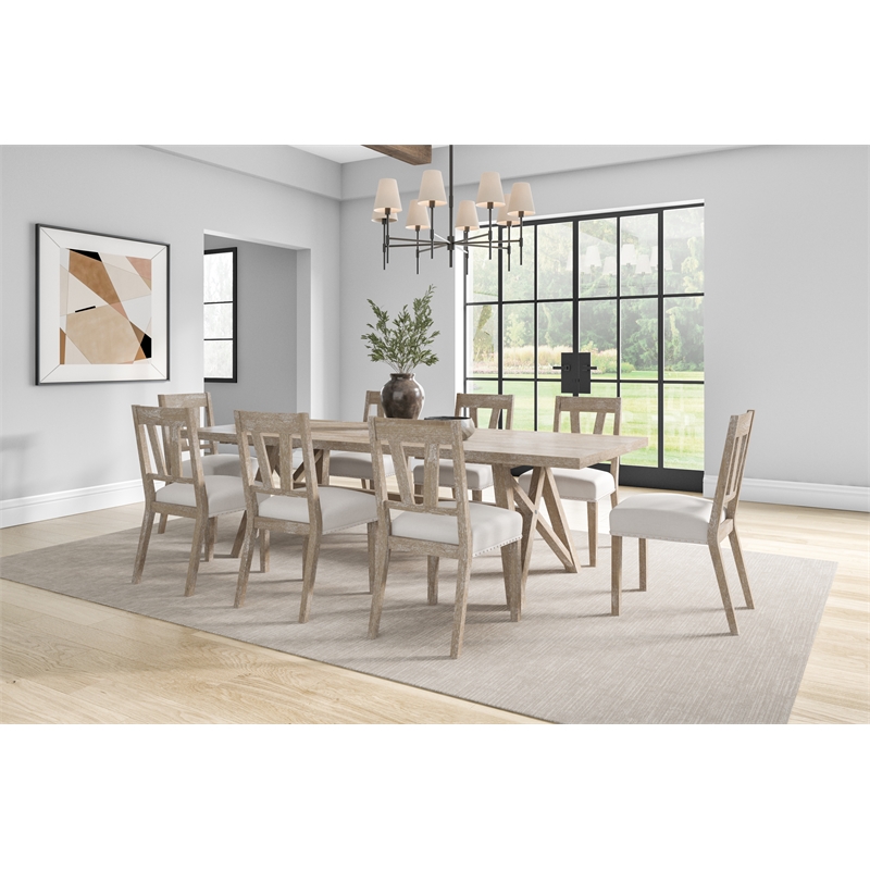 Pemberly Row Rectangular Kitchen Table With Eight Chairs in Light Tan Wood