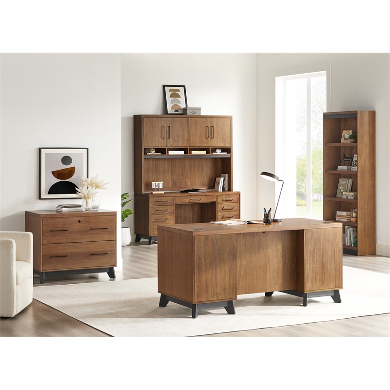 Pemberly Row Modern Wood Hutch With Doors Fully Assembled in Rich Medium Brown