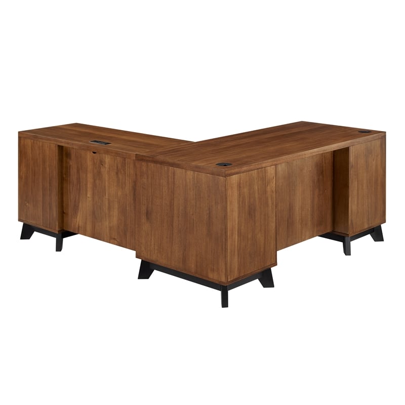 Pemberly Row Modern Double Pedestal L-Desk Wood Office Desk in Rich Medium Brown