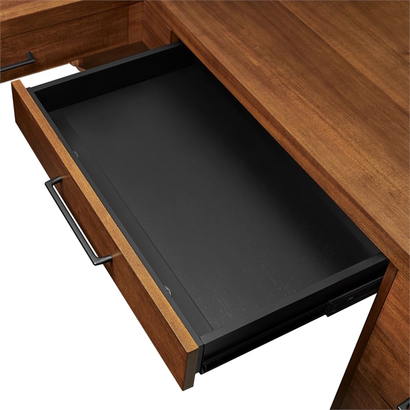 Pemberly Row Modern Double Pedestal L-Desk Wood Office Desk in Rich Medium Brown