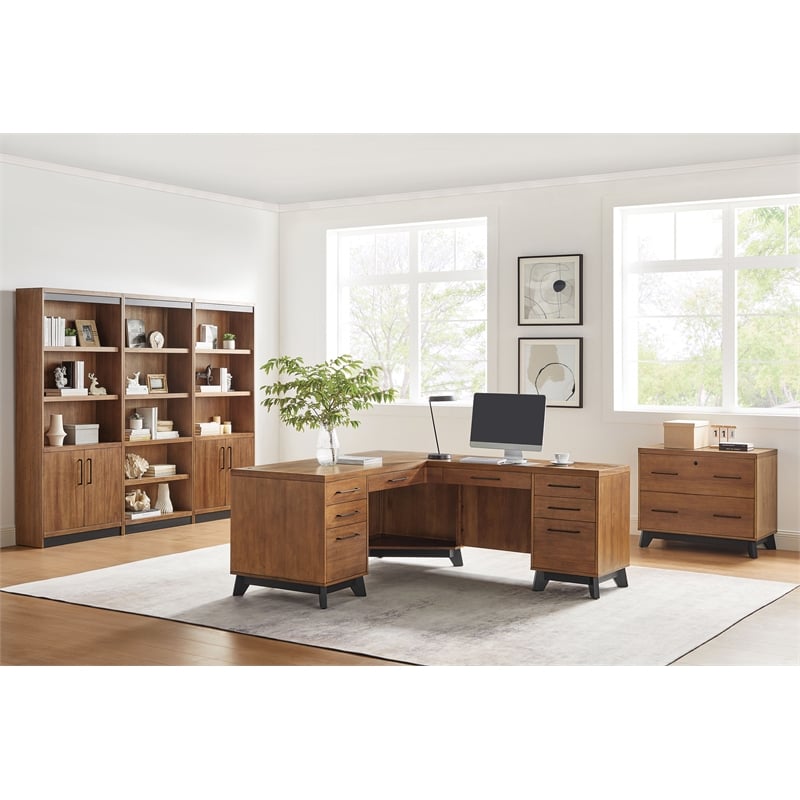Pemberly Row Modern Double Pedestal L-Desk Wood Office Desk in Rich Medium Brown