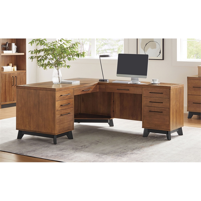 Pemberly Row Modern Double Pedestal L-Desk Wood Office Desk in Rich Medium Brown