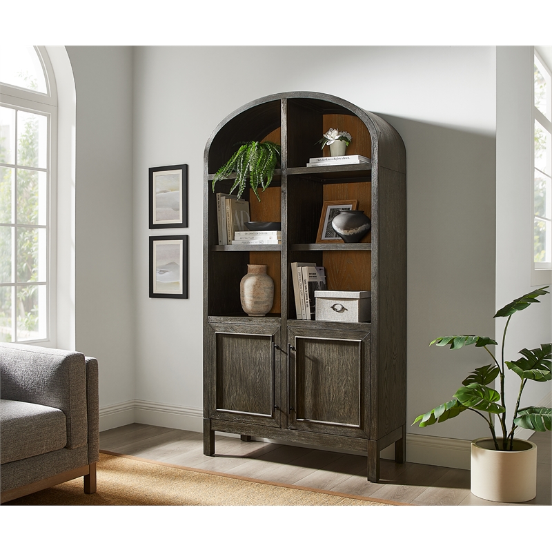 Pemberly Row Wood Arched Display Cabinet/Bookcase Fully Assembled in Black