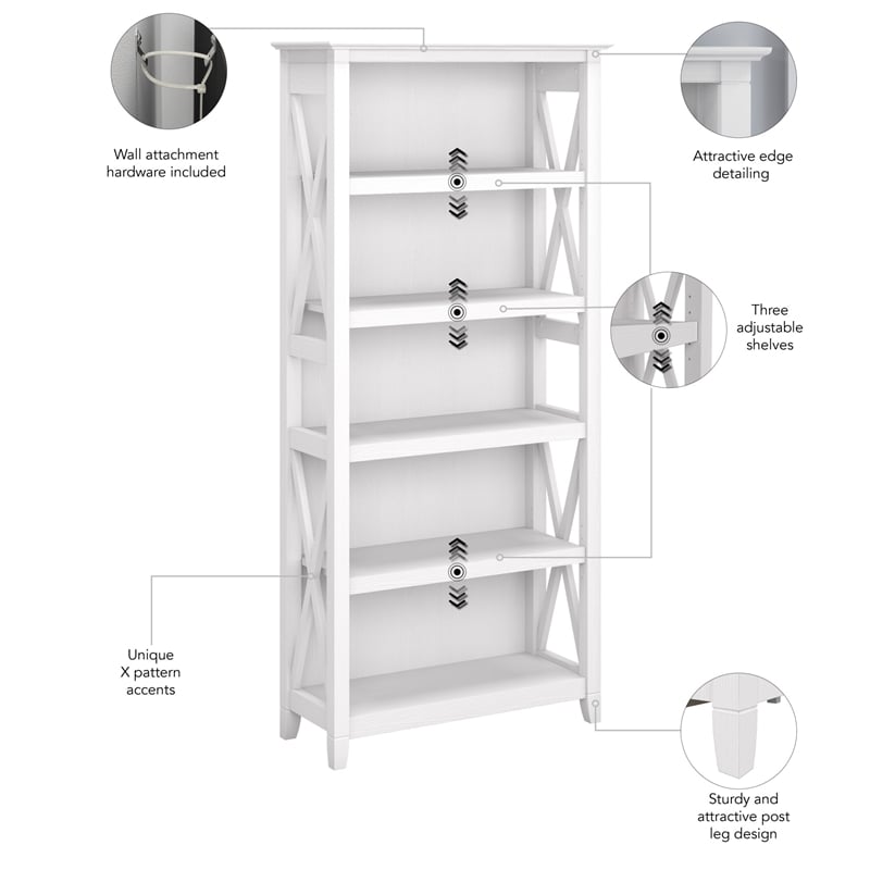 Pemberly Row Coastal Wood 5-Shelf Bookcase in Pure White Oak