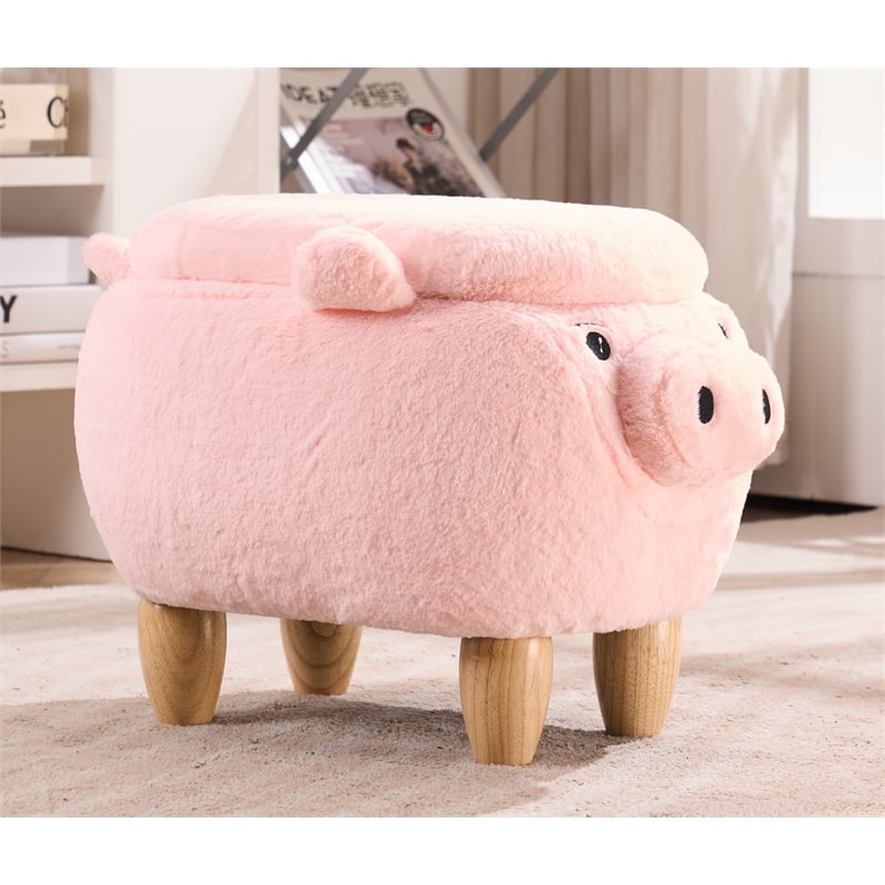 Pemberly Row Kids Pig Fabric Storage Ottoman/Stool in Pink and Natural