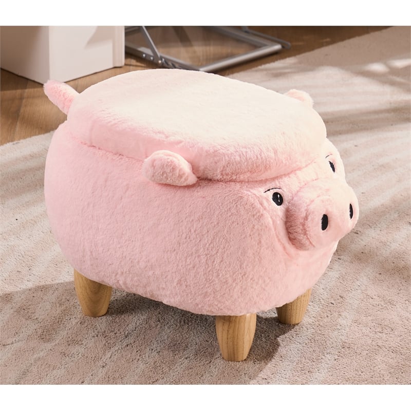 Pemberly Row Kids Pig Fabric Storage Ottoman/Stool in Pink and Natural