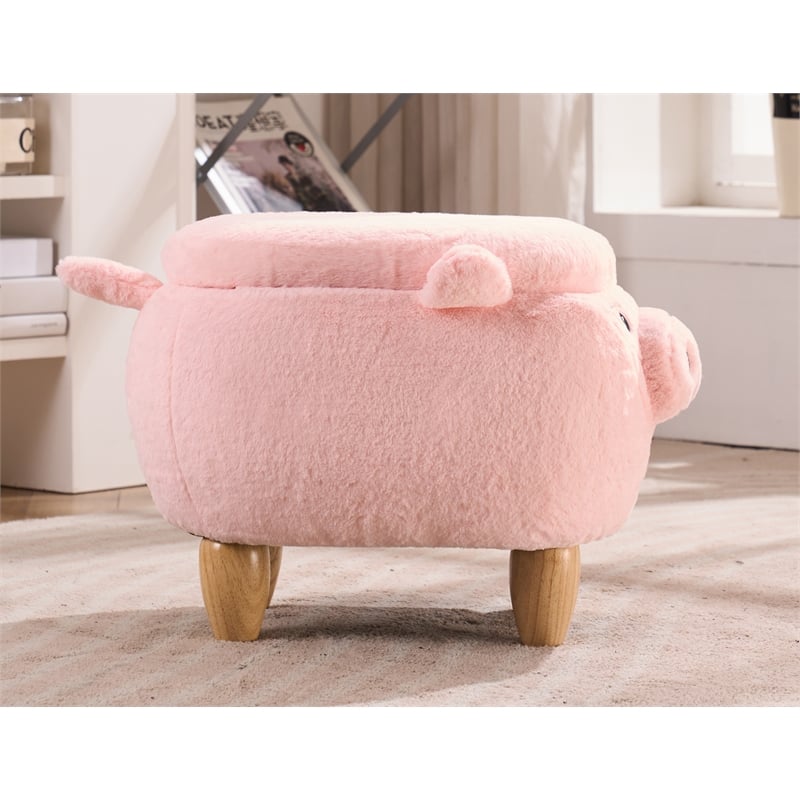 Pemberly Row Kids Pig Fabric Storage Ottoman/Stool in Pink and Natural
