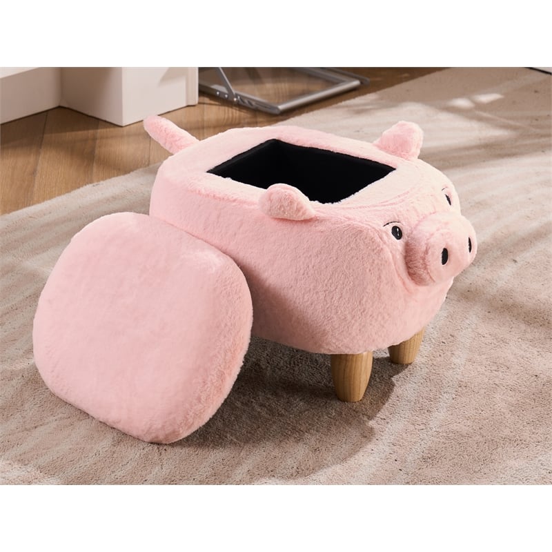 Pemberly Row Kids Pig Fabric Storage Ottoman/Stool in Pink and Natural