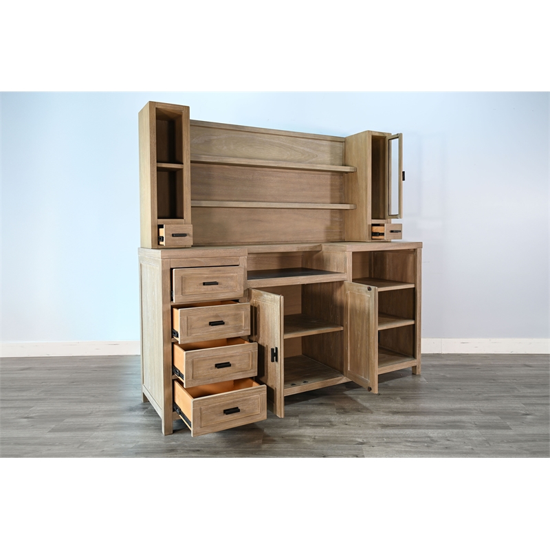 Pemberly Row Contemporary Natural Finish Wood Home Bar with Hutch