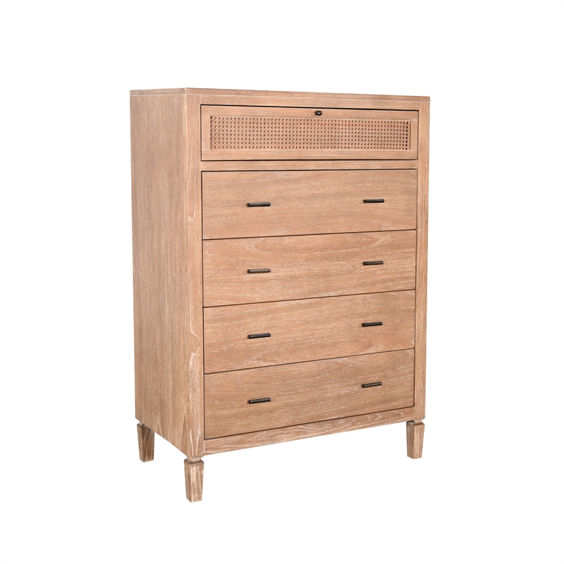 Pemberly Row Natural Wood 5-Drawer Chest with Woven Rattan Detail