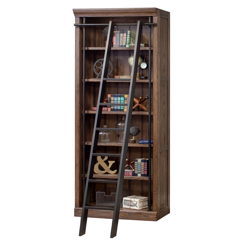 Pemberly Row 8' Tall Brown Ladder Bookshelf Wall with Storage Organizer Display