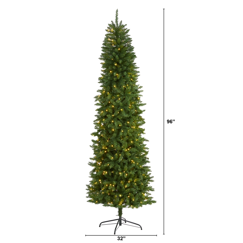 Pemberly Row 8ft Slim Green Mountain Pine Christmas Tree with 400 Clear LED