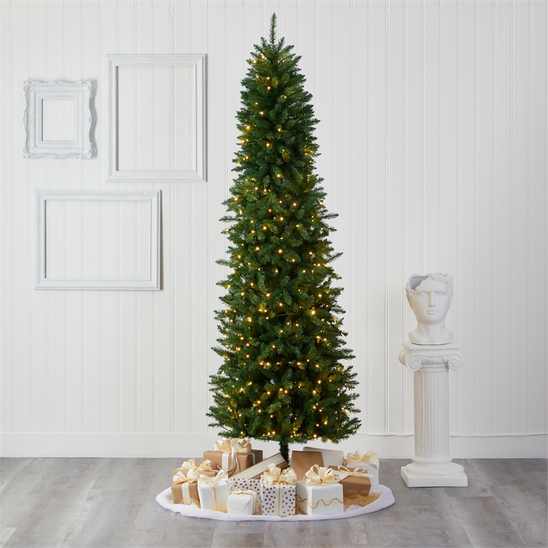 Pemberly Row 8ft Slim Green Mountain Pine Christmas Tree with 400 Clear LED