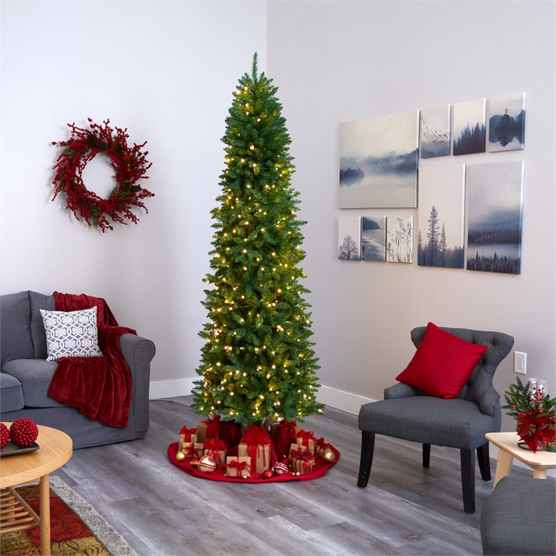 Pemberly Row 8ft Slim Green Mountain Pine Christmas Tree with 400 Clear LED