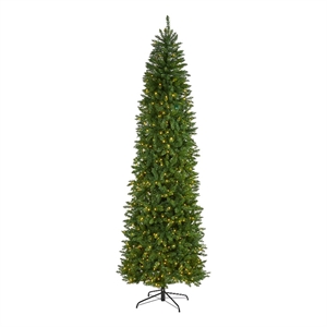 Pemberly Row 9ft Slim Green Mountain Pine Christmas Tree with 600 Clear LED