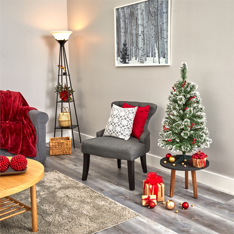 Pemberly Row 3ft Frosted Swiss Pine Christmas Tree with50 Clear LED and Berries