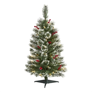 Pemberly Row 3ft Frosted Swiss Pine Christmas Tree with50 Clear LED and Berries