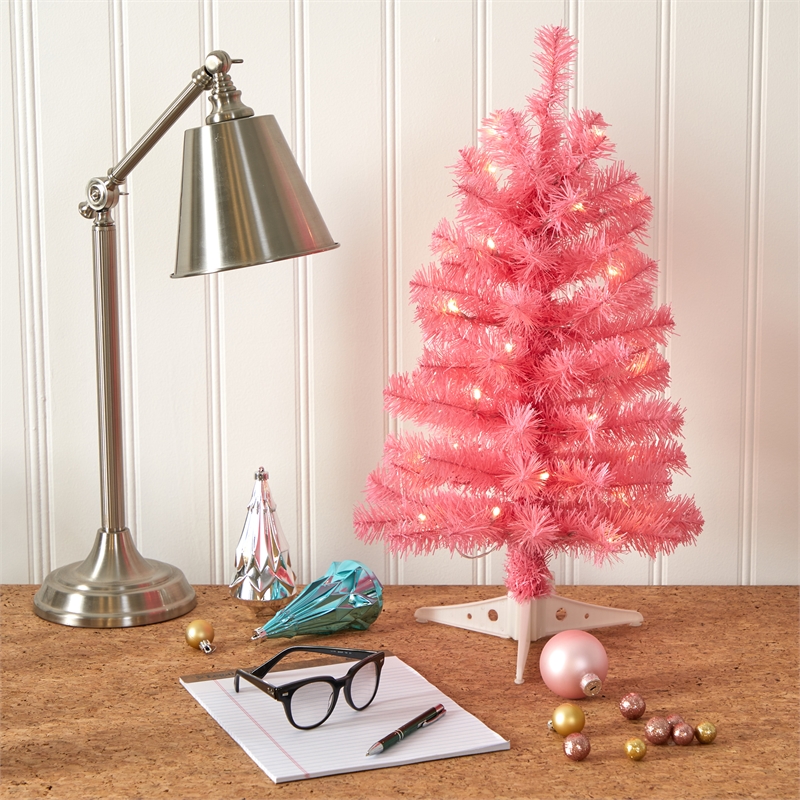 Pemberly Row 2ft Pink Artificial Christmas Tree with 35 LED Lights in Pink