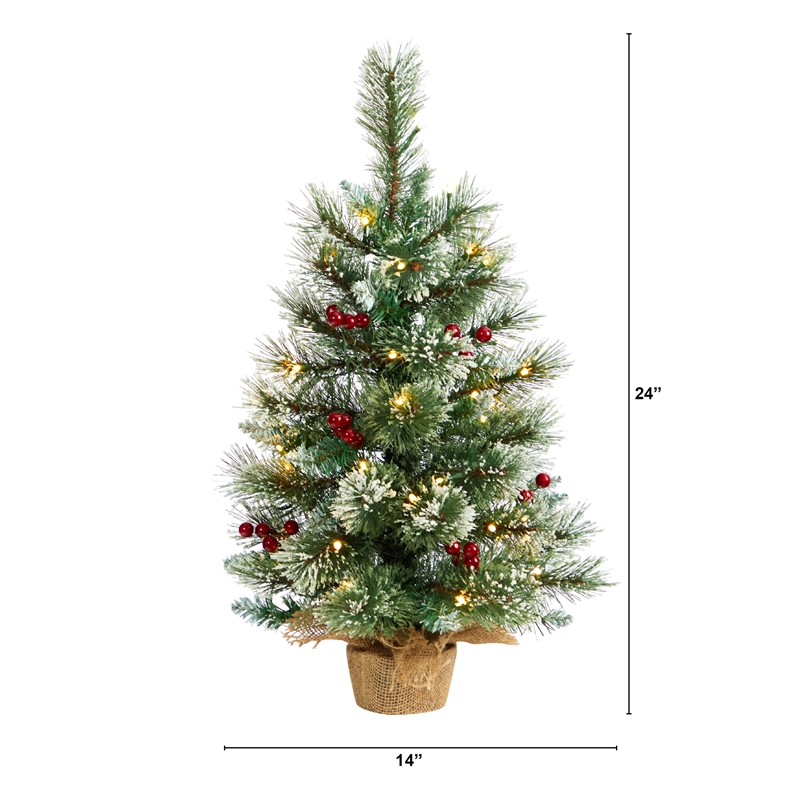 Pemberly Row Traditional 2ft Snow Tipped Pine and Berry Christmas Tree