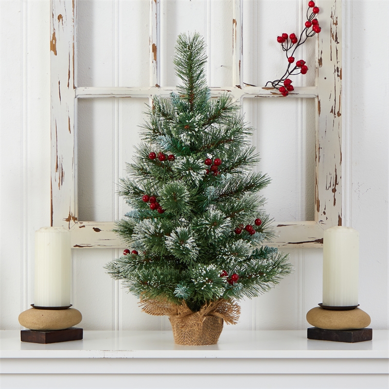 Pemberly Row Traditional 2ft Snow Tipped Pine and Berry Christmas Tree