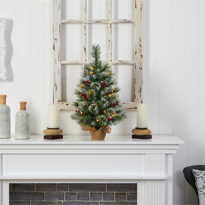 Pemberly Row Traditional 2ft Snow Tipped Pine and Berry Christmas Tree