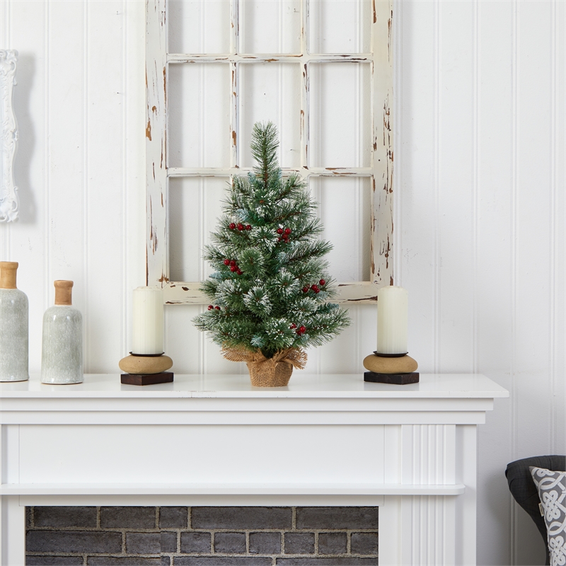 Pemberly Row Traditional 2ft Snow Tipped Pine and Berry Christmas Tree