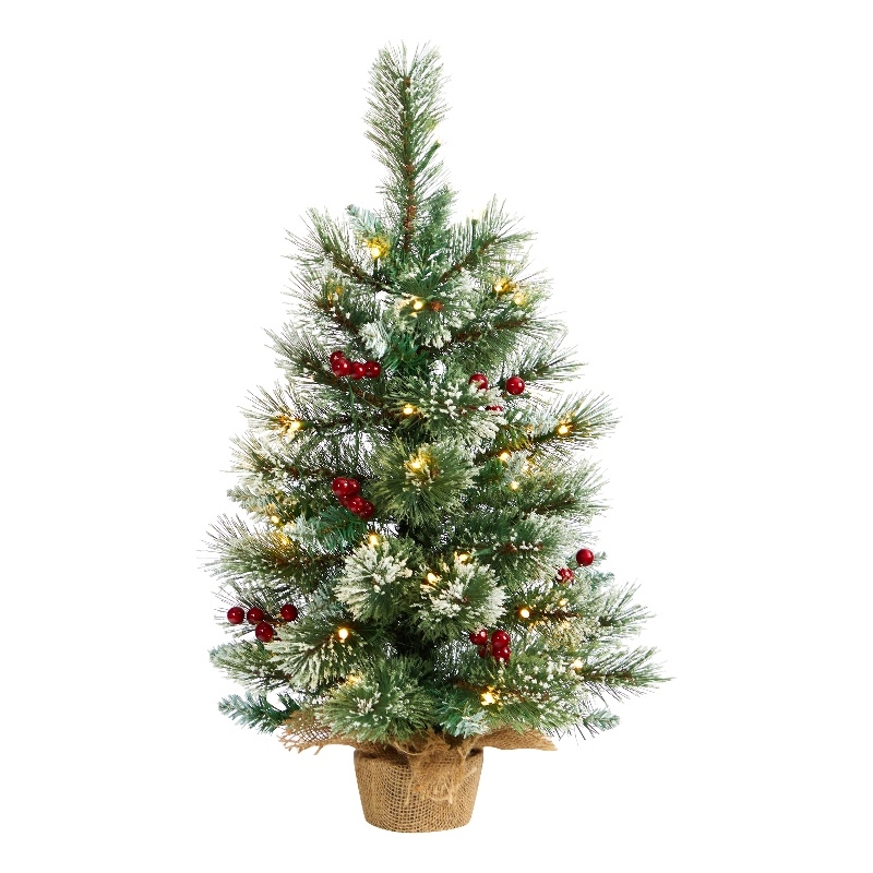 Pemberly Row Traditional 2ft Snow Tipped Pine and Berry Christmas Tree