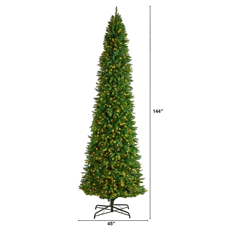 Pemberly Row 12ft Slim Green Mountain Pine Christmas Tree with 1100 Clear LED