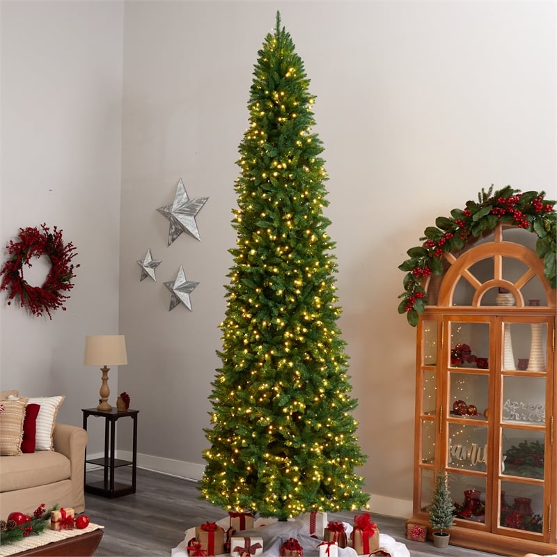 Pemberly Row 12ft Slim Green Mountain Pine Christmas Tree with 1100 Clear LED