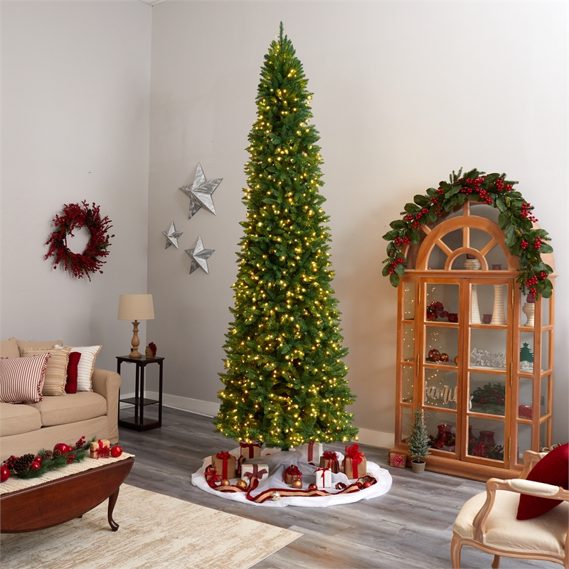 Pemberly Row 12ft Slim Green Mountain Pine Christmas Tree with 1100 Clear LED