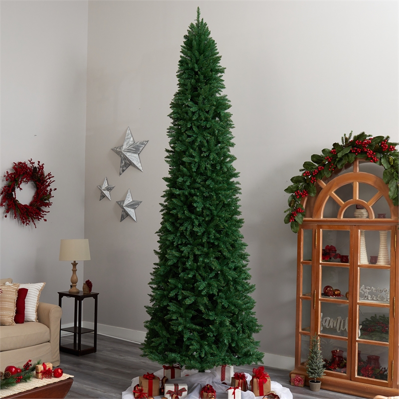 Pemberly Row 12ft Slim Green Mountain Pine Christmas Tree with 1100 Clear LED