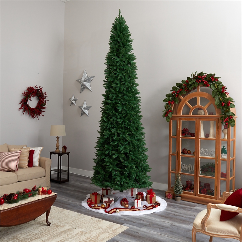 Pemberly Row 12ft Slim Green Mountain Pine Christmas Tree with 1100 Clear LED