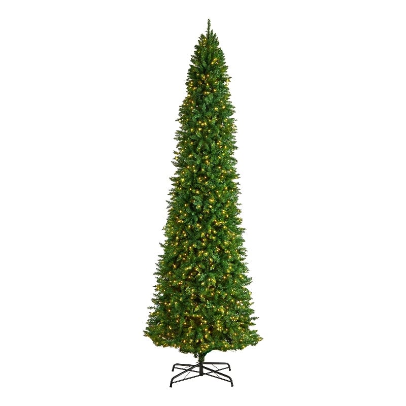 Pemberly Row 12ft Slim Green Mountain Pine Christmas Tree with 1100 Clear LED