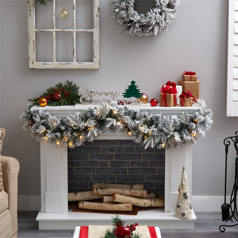 Pemberly Row 6ft Flocked Christmas Garland with Pine Cones & 35 Warm White LED
