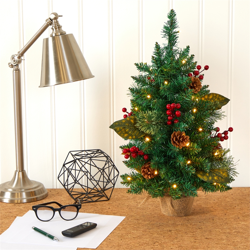 Pemberly Row 2ft Pine Pinecone and Berries Christmas Tree with 35 LED Lights