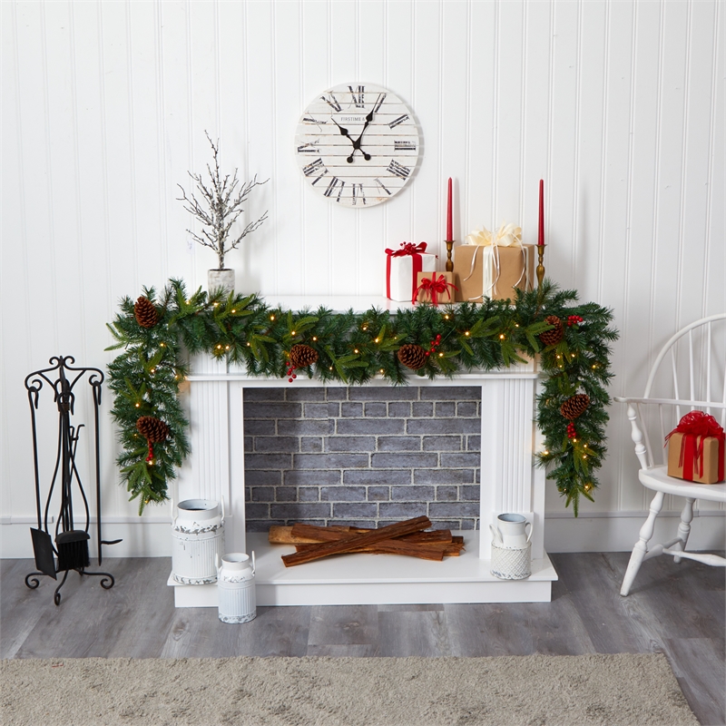 Pemberly Row 9ft Mixed Pine Christmas Garland with 50 Clear LED Lights Berries