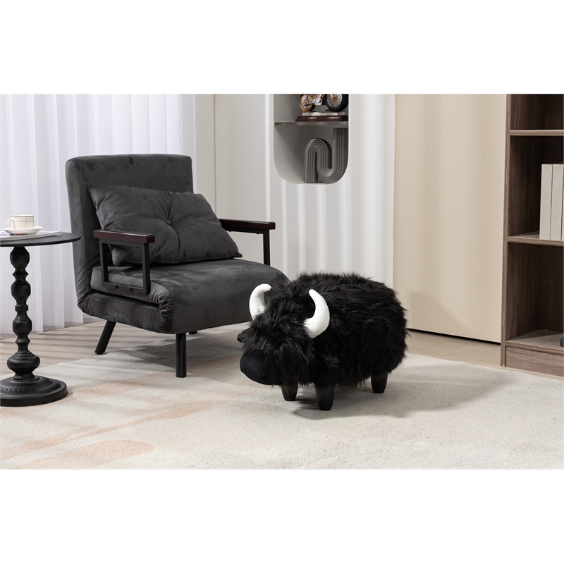 Pemberly Row Set of 2 Cow Storage Ottoman with Long Black Fur Wood Frame
