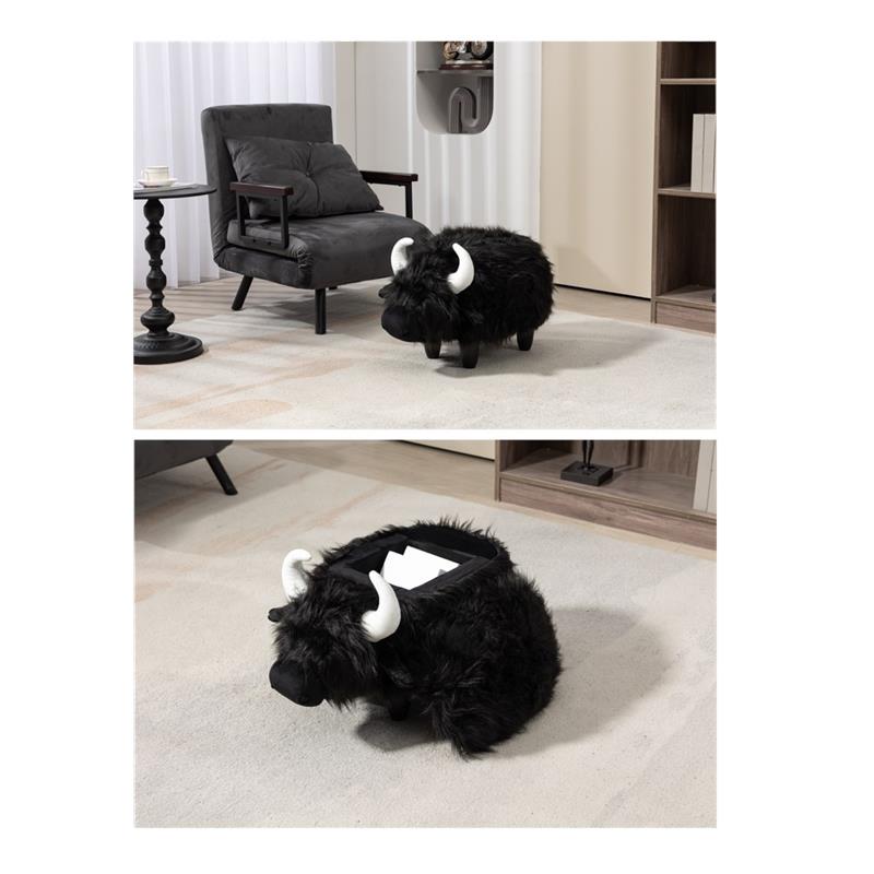 Pemberly Row Set of 2 Cow Storage Ottoman with Long Black Fur Wood Frame