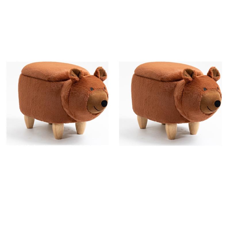 Pemberly Row Set of 2 Fabric Bear Storage Ottoman in Brown/Natural