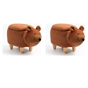 Pemberly Row Set of 2 Fabric Bear Storage Ottoman in Brown/Natural