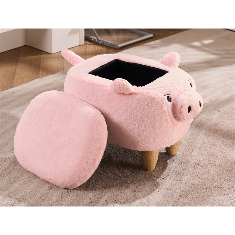 Pemberly Row Set of 2 Kids Pig Fabric Storage Ottoman/Stool in Pink and Natural