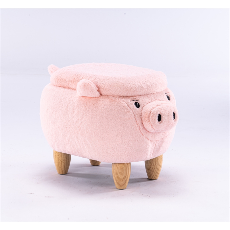 Pemberly Row Set of 2 Kids Pig Fabric Storage Ottoman/Stool in Pink and Natural