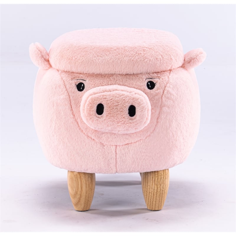 Pemberly Row Set of 2 Kids Pig Fabric Storage Ottoman/Stool in Pink and Natural