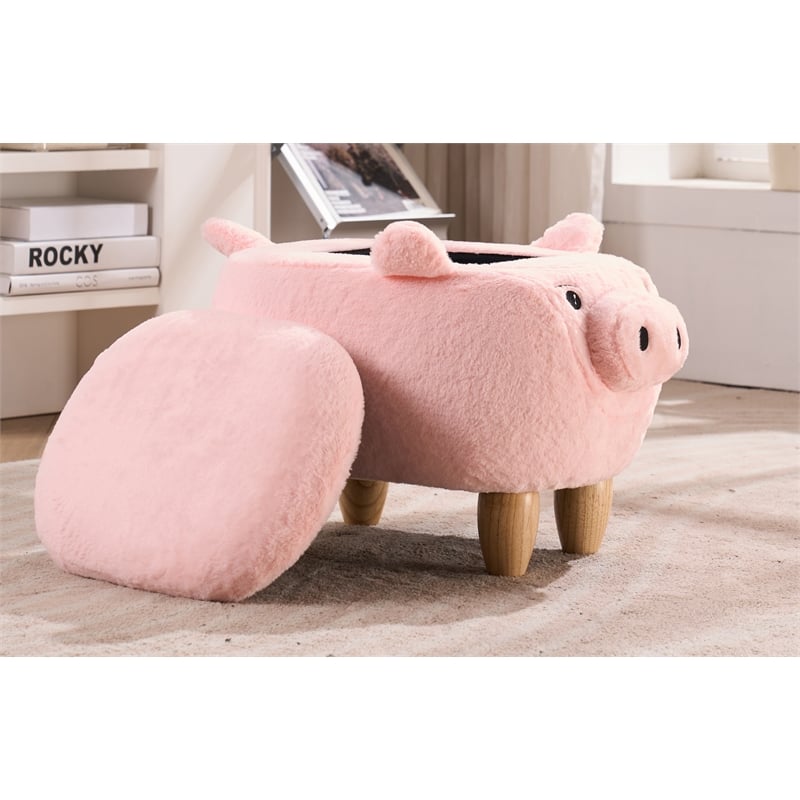 Pemberly Row Set of 2 Kids Pig Fabric Storage Ottoman/Stool in Pink and Natural