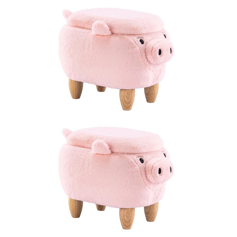 Pemberly Row Set of 2 Kids Pig Fabric Storage Ottoman/Stool in Pink and Natural